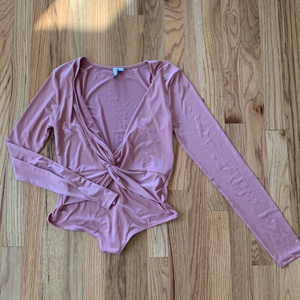Knot front deep v neck bodysuit